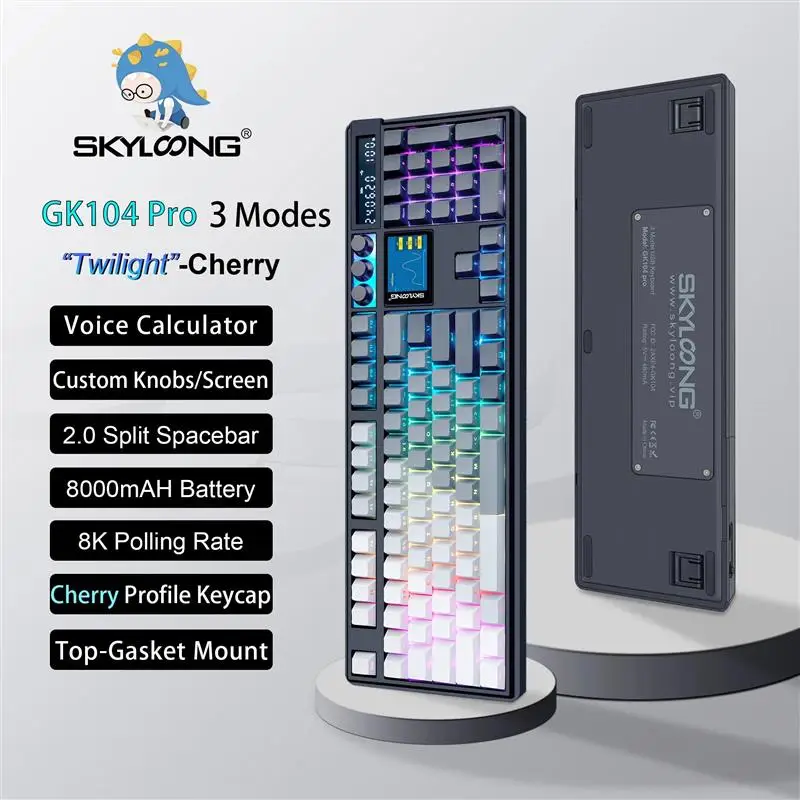 2025 GK104 Pro Full-Size 3-Mode Wireless Mechanical Keyboard with 2.0 Screen 3 Knobs Hot-Swappable Silent Switch PBT keycaps