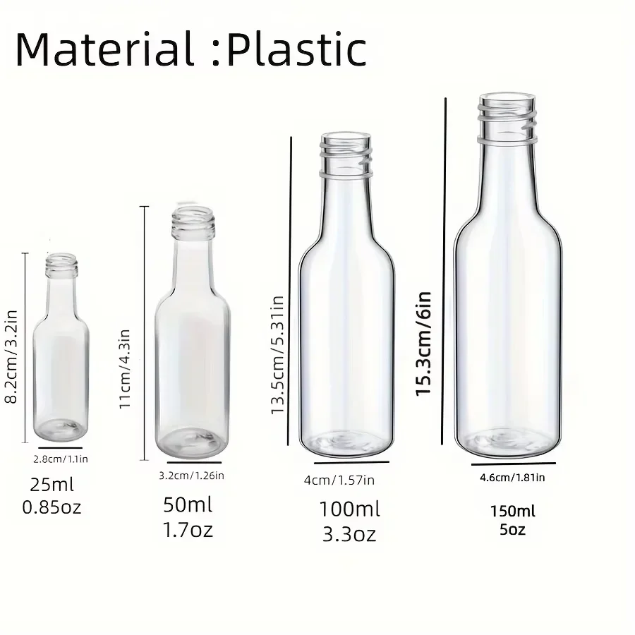 100pcs/Lot 25ml 50ml 100ML 150ML Mini Liquor Bottle Empty Plastic Juice Bottles with Aluminum Lids for Weddings Parties Cocktail