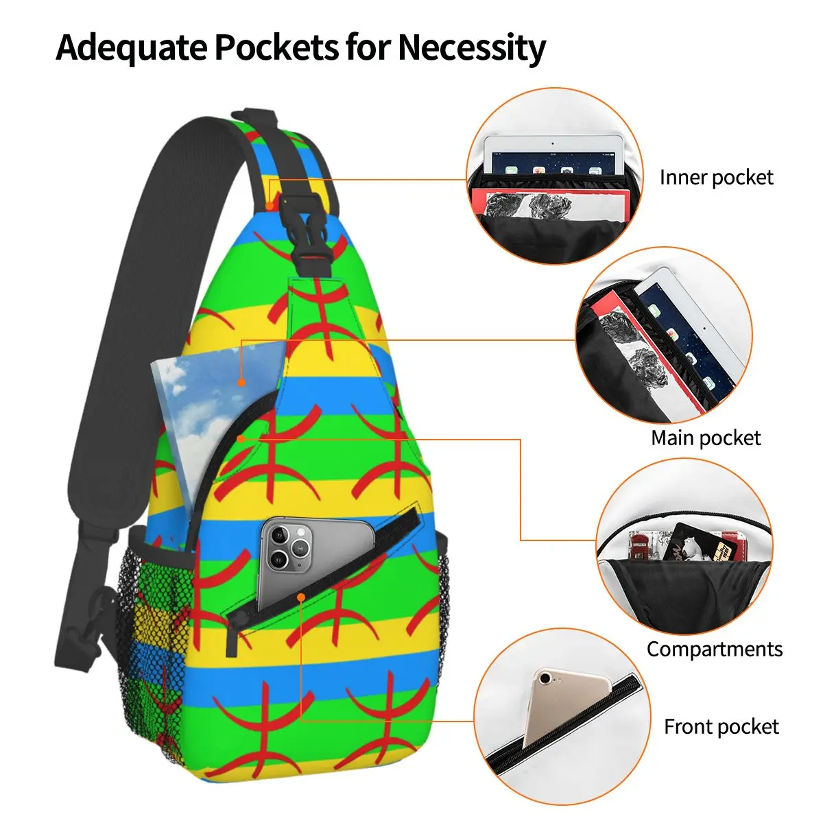 Amazigh Flag And Emblem Berber Amazir Imazighen Chest Bag Men Sling Crossbody Backpack Chest Bag Traveling Daypack Shoulder Bag