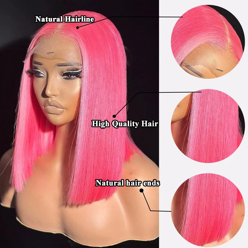 Perruque Bob Lace Wig brésilienne Remy lisse rose-Sophia, perruques Lace Frmetals, cheveux synthétiques courts, 13x4, 180%, perruque Bob Lace Wig pour femmes