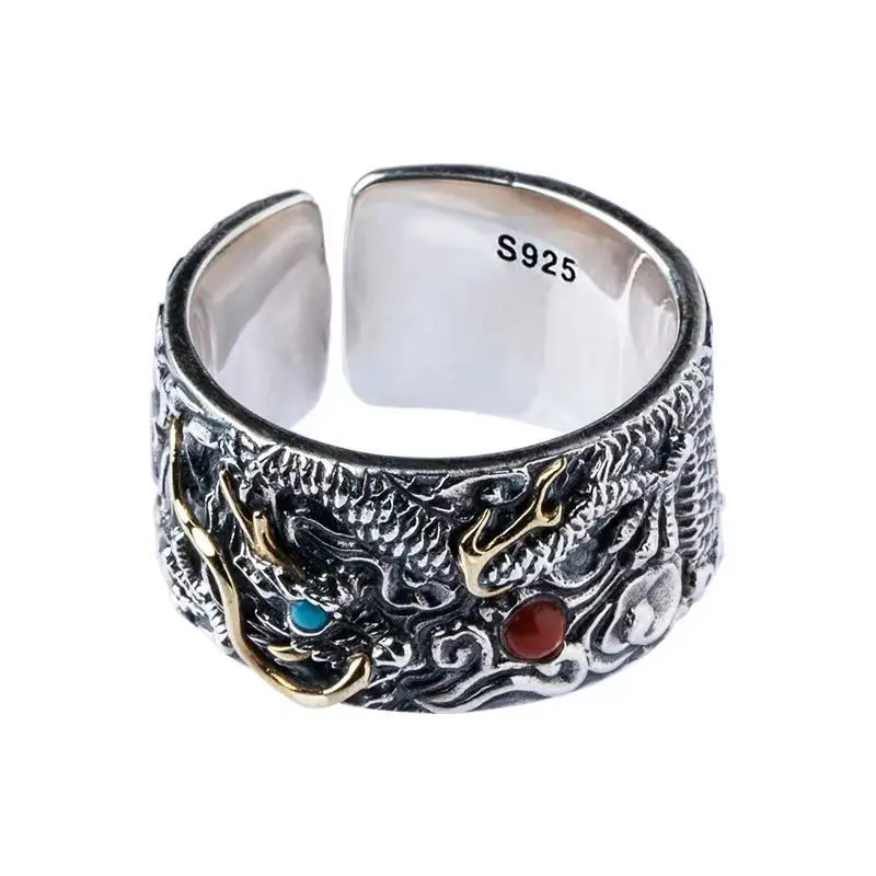 925 pure silver dragon playing with pearls men's ring retro China-Chic domineering personality opening old ring luxury