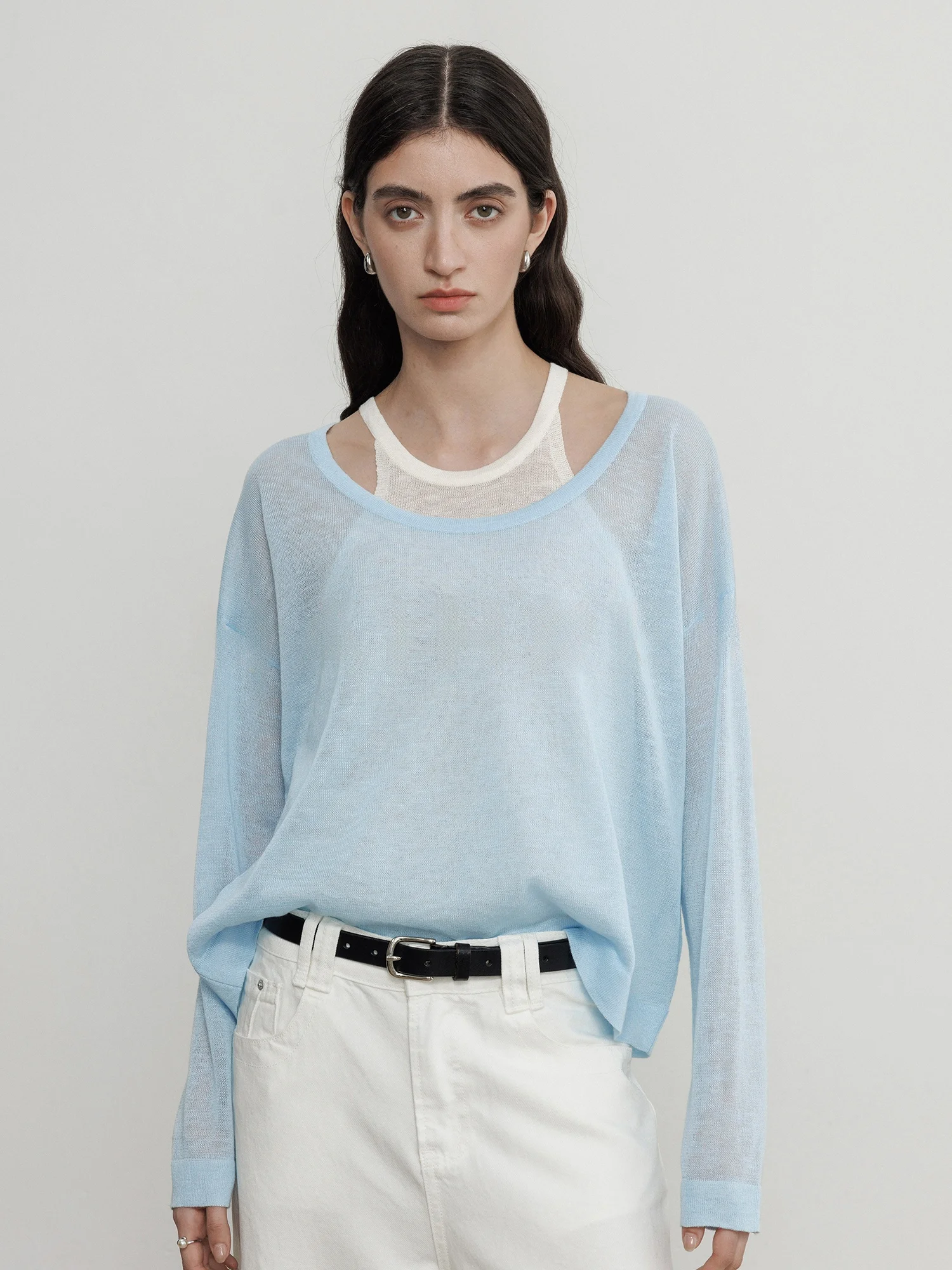 

Maierer Knitted Sun Protection Long Sleeve Top Women's Fake Two-Piece Casual Loose Fit Mircro-Light Summer New Style