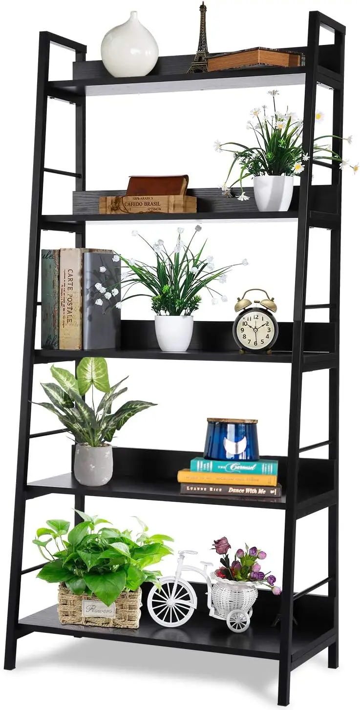 

5 Tier Ladder Shelf, Industrial Bookshelf Wood and Metal Bookcase, Plant Flower Stand Rack Book Rack Storage Shelves