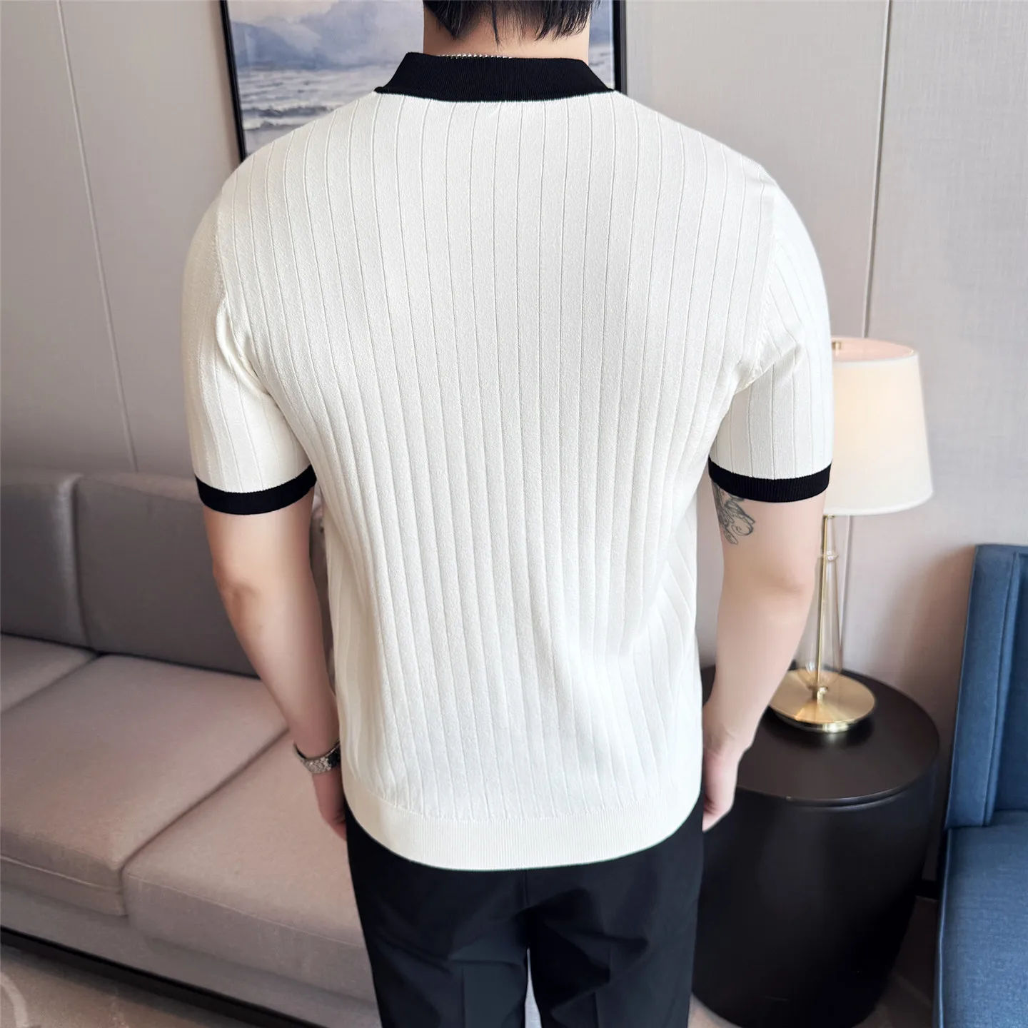 Men's Stretch Ice Silk Knit Polo Shirt with Half Zip and Contrast Color Stand Collar Half-zip Color-block Stand Collar T Shirt