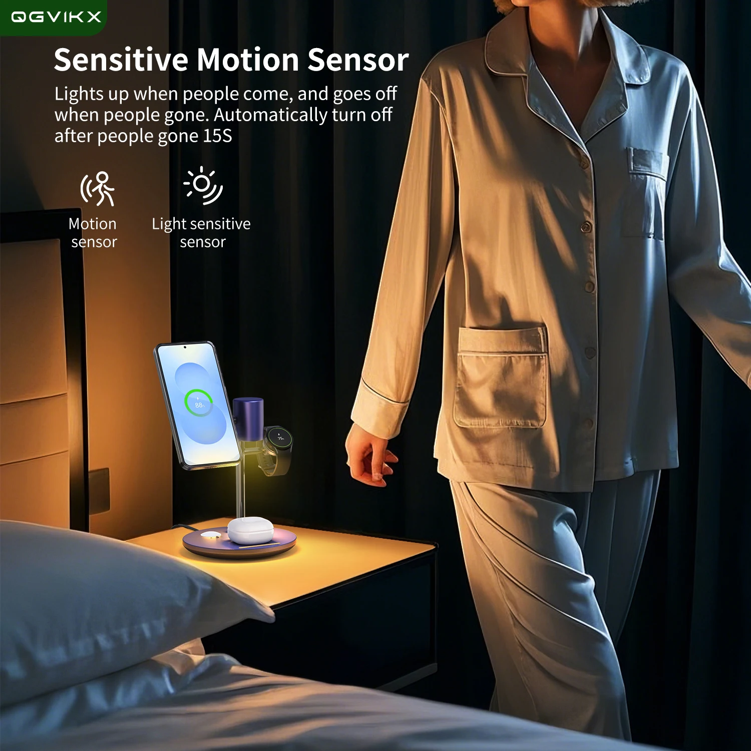 Qi2 15W 4-in-1 Magnetic Cooling Wireless Charger with Night Light Compatible with Apple and Samsung Phones Watches and Earphones