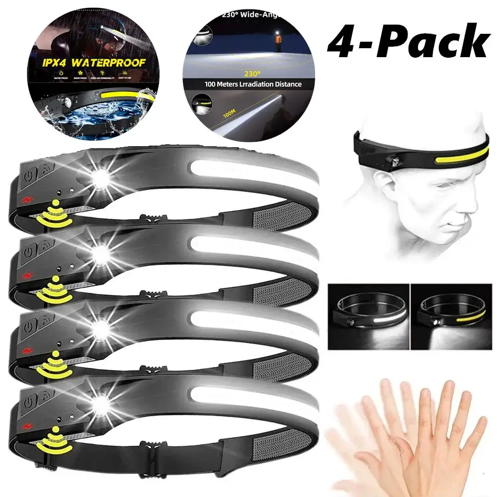 

4-PACK LED Sensor Headlamp Built-in Battery USB Rechargeable Head Flashlight Headlight Head Torch Camping Fishing Search Light