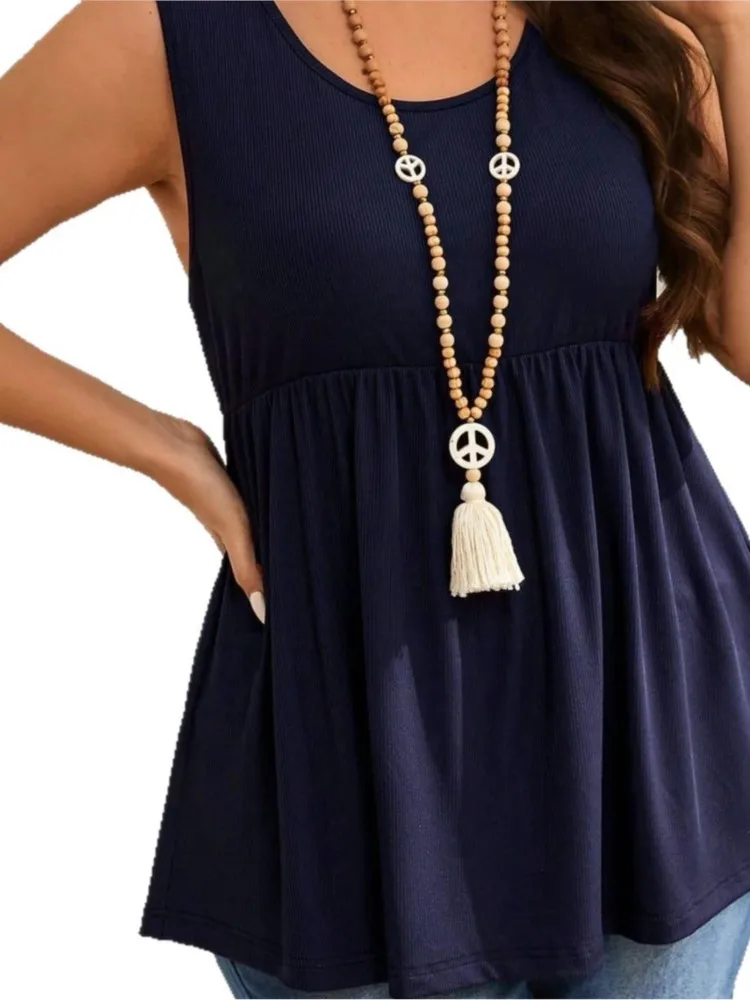 女性の夏の新ファッションプリーツ無地セクシーなノースリーブベストパッチワークカジュアル U ネックルーズトップ