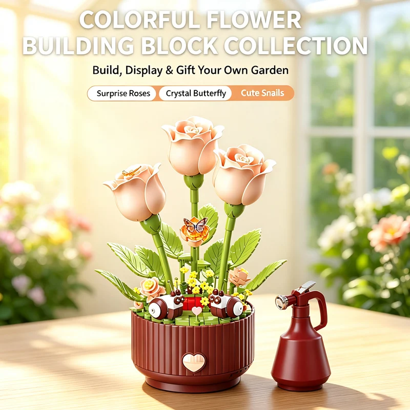 Dynamic Building Block Flower Electric Assembly Rose Bouquet Fairy Atmosphere High-end Decoration For Girl Handmade Wedding Gift