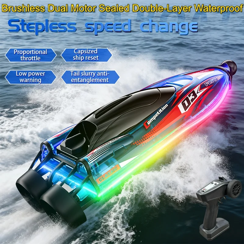 NEW 2.4G RC Boat Children's Water Toy Colorful Light Sealed Double-Layer Waterproof Brushless Dual Motor Remote Control Boat