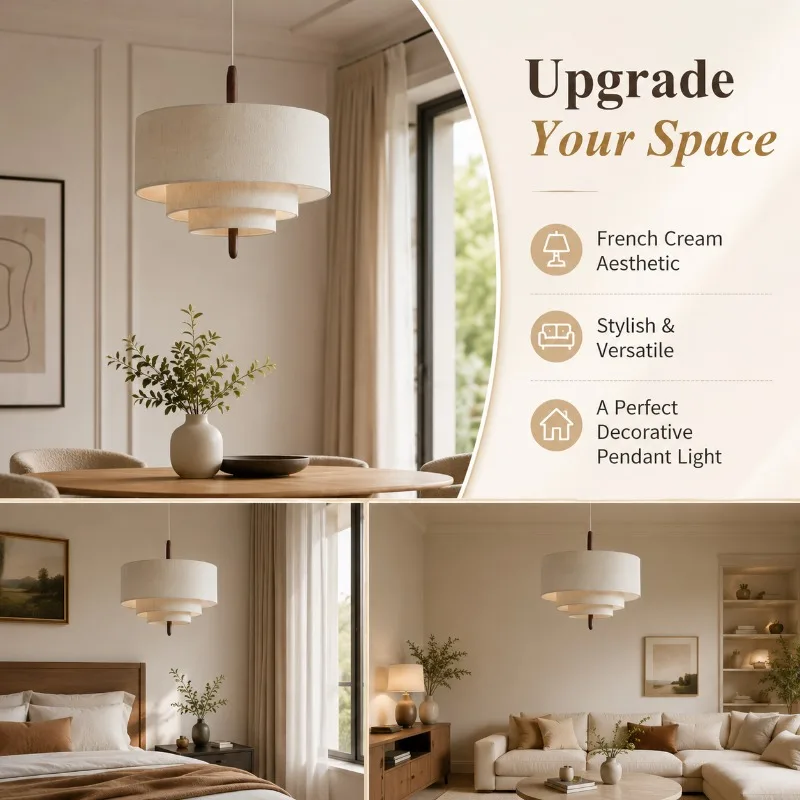 Wabi Sabi Pendant Light Fabric Shade Full Spectrum Eye Caring Chandelier for Living Room Bedroom Dining Room Home Pendant Light