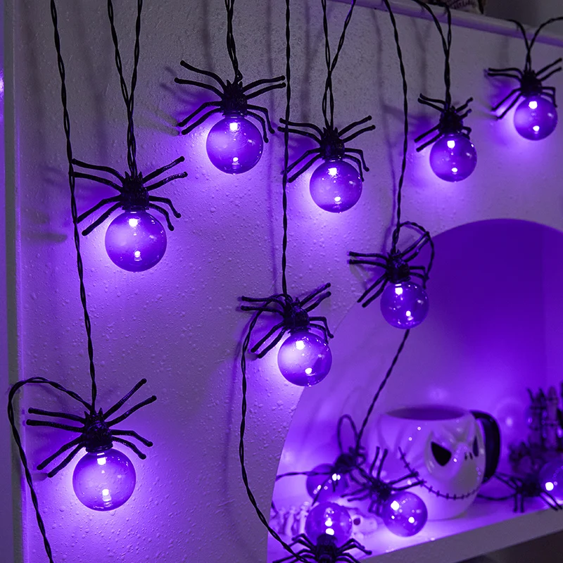 15 LEDS Purple Spider Halloween String Lights, Waterproof Battery Powered Lamp with Timer for Party Indoor Outdoor Decorations