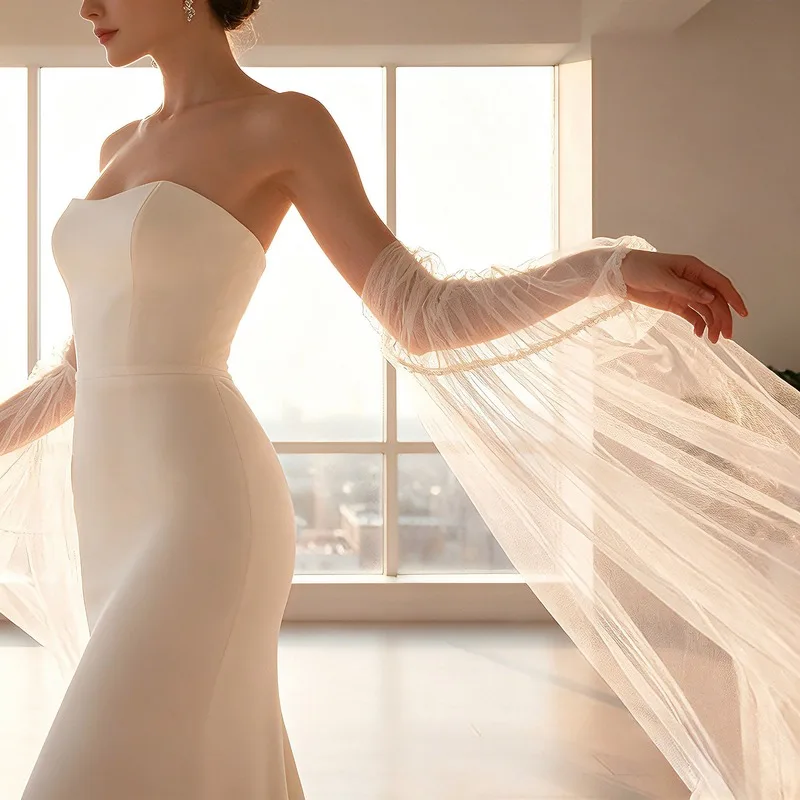 Women Elegant Brides Detachable Long Sleeve Extra Long Train Bridal Wrap Tulle Drape Cape Bolero Wedding Shawl Decor Accessories
