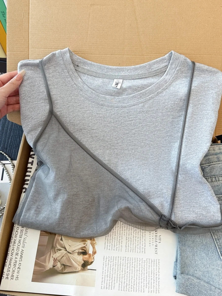 High-End Women's Short Sleeve T-Shirt Casual Mesh Splicing Fake Two-Piece Top Large Size Slimming Meat Concealing Summer Cott...