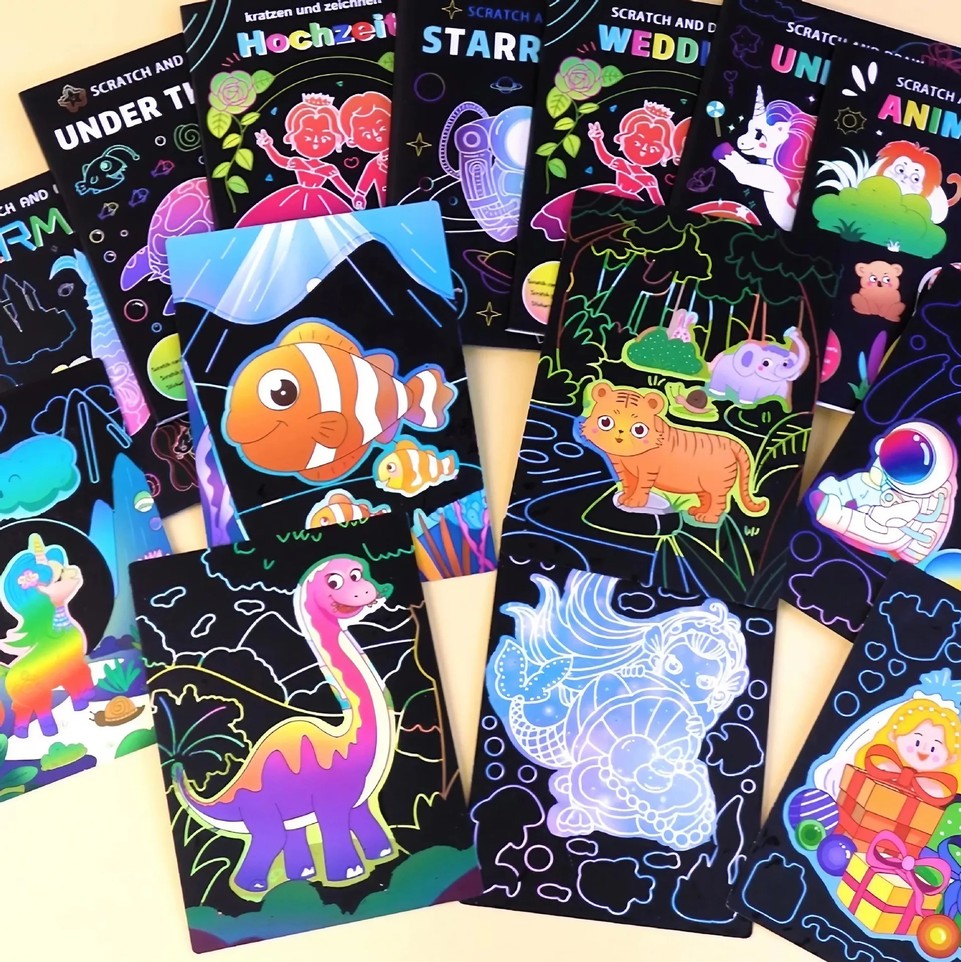 New Children Scratch Painting Handmade DIY Creative Graffiti Unicorn Mermaid Theme Colouring Scratch Painting Birthday Gift