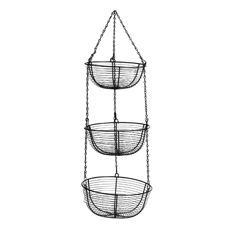 3-Tier Hanging Basket Fruit Organizer Kitchen Heavy Duty Wire Organizer with Wire Metal Ceiling Hooks-Black Wire Basket