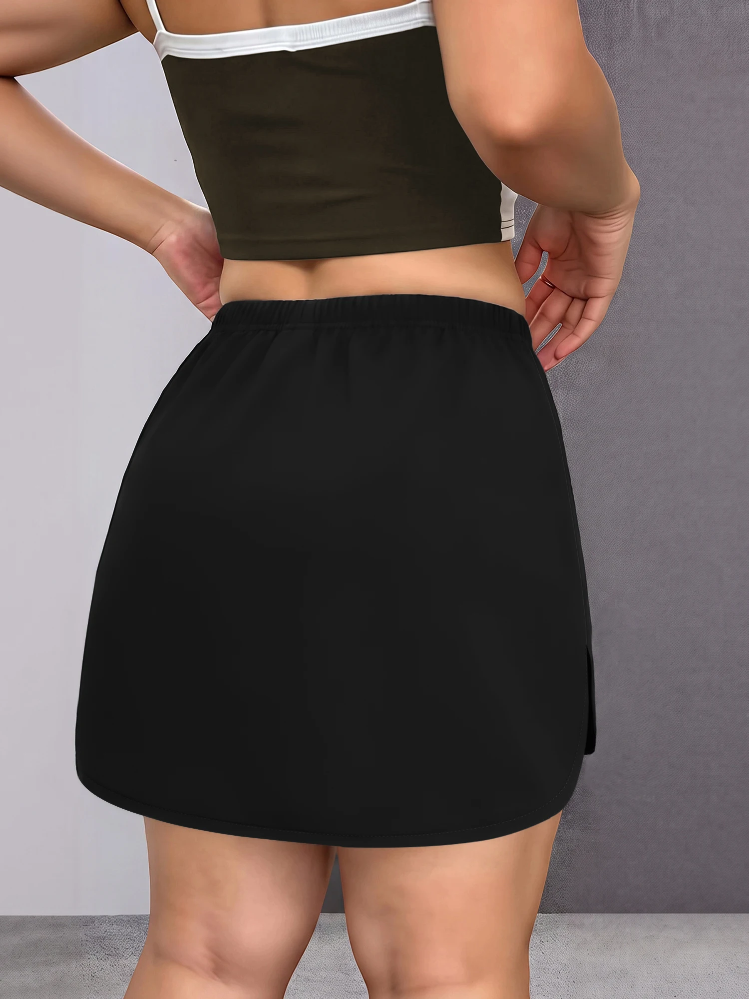 Retro Street Mini Skirt Women Elastic Waist Curved Hem Solid Color Youth Trend Short Skirt