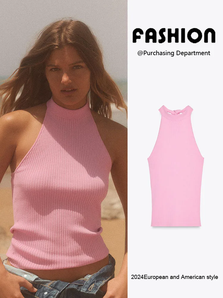 

New Summer Women's Knitted Sleeveless Necktie Knot Top Slim Fit Commute Style Regular Length Pure Color Fashion