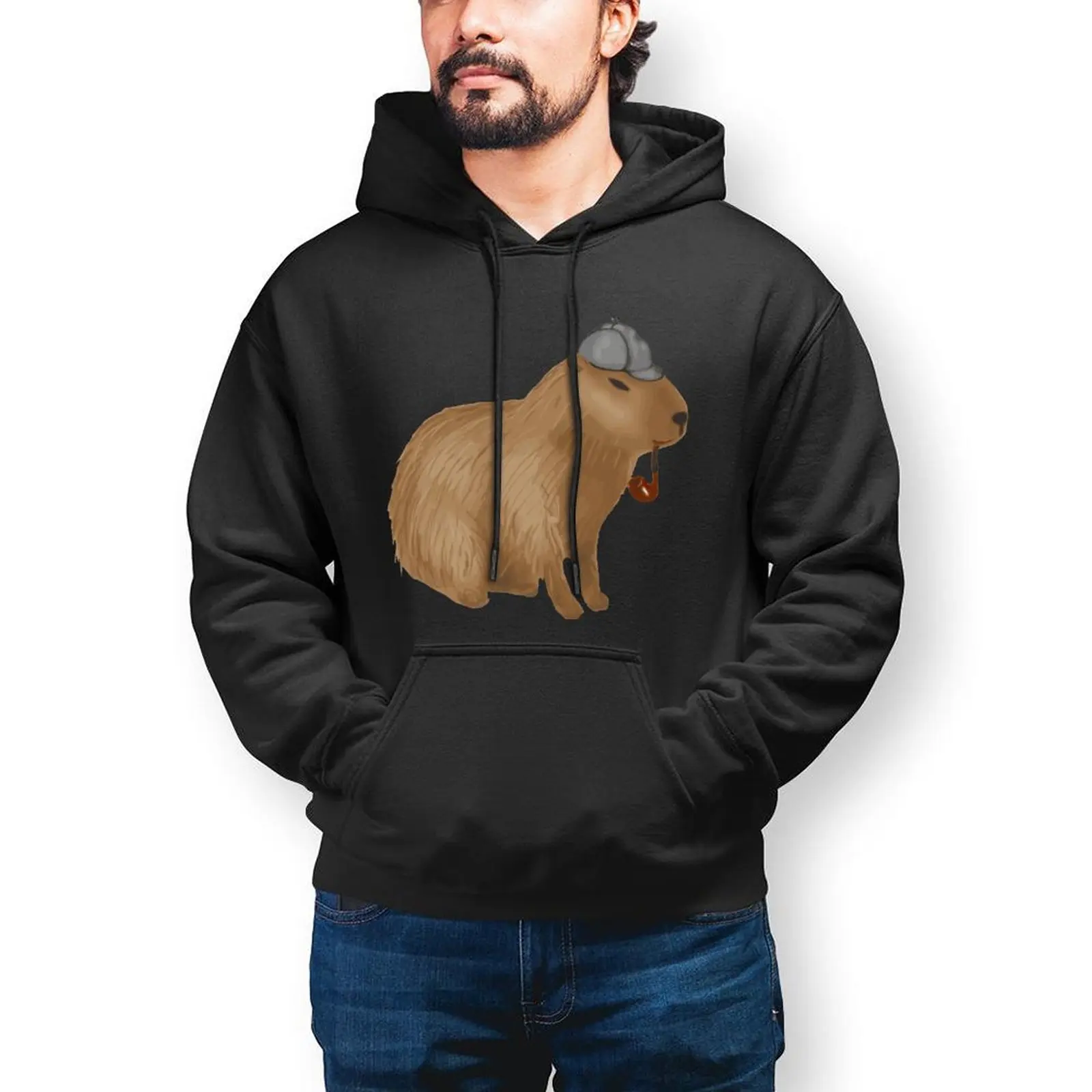 Capybara Mens Hoodie Sherlock Capybara Loose Warm Hoodies Stylish Long Cotton Pullover Hoodie Men XXL