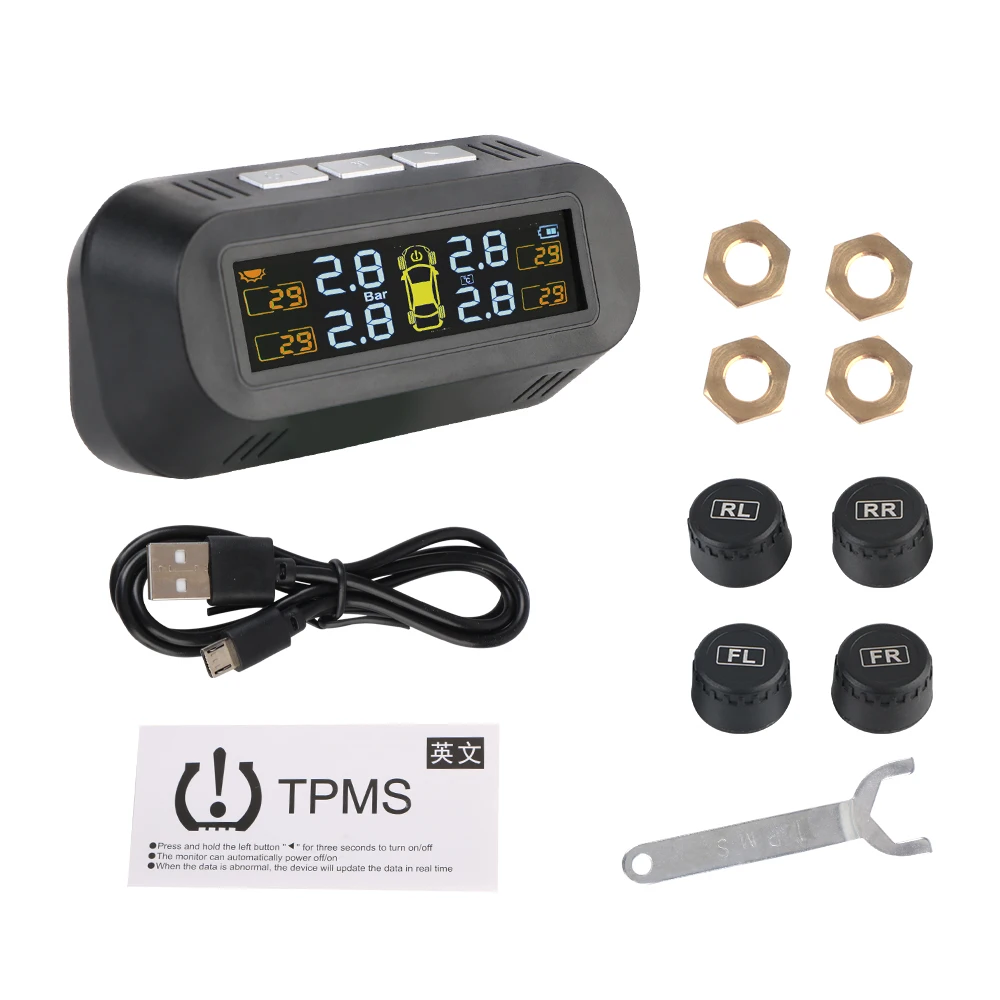 Bandenspanningscontrolesysteem Temperatuurwaarschuwing Nieuwe C Externe batterijversie Sensoren Solar TPMS Autobandenspanningsmonitor