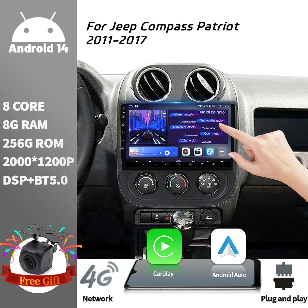 Car Radio Android 14 Player For Jeep Compass Patriot 2011-2017 Navigation 4G GPS Wireless Carplay Bluetooth Touch Screen Stereo