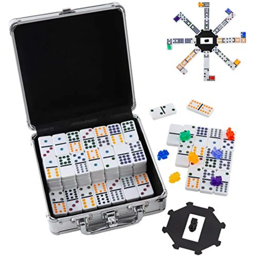 

Double 12 Colored Dominoes Mexican Train Game Set, 91 Tiles Dominoes with 9 Trains, Scoreboard, Octagon Shape Hub and Aluminum