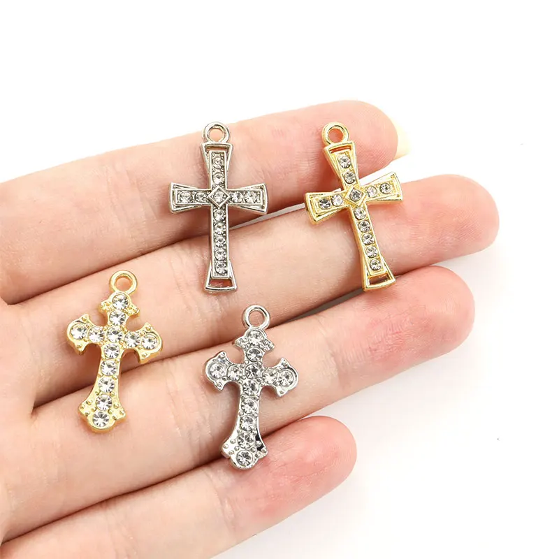 10pcs Cross Rhinestones Inlaid Faith Charms for Religious Rosary Jewelry Making DIY Necklace Earrings Keychain Alloy Pendants