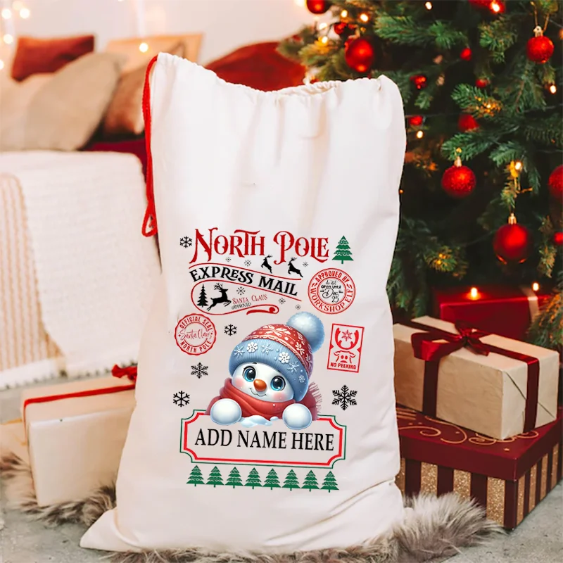Personalisierter Weihnachts-Schneemann-Leinensack, individuelles Cartoon- und Namensdesign, Kordelzug-Geschenktüte für Weihnachtsgeschenke und Dekoration