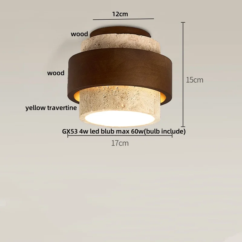 Yellow Travertine LED Ceiling Lamp Living Room Bedroom Kitchen Wood Canopy Wabi Sabi Flush Mounted Ceiling Lights