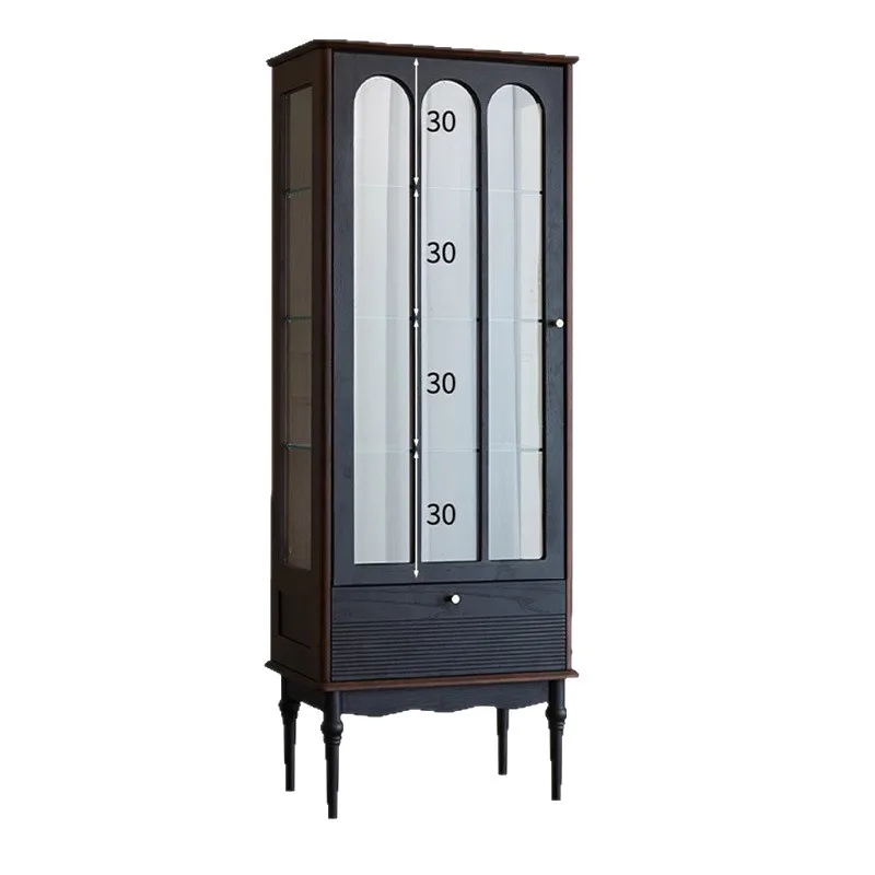 

French retro all-solid wood glass wine cabinet small apartment living room wall display locker American household small side