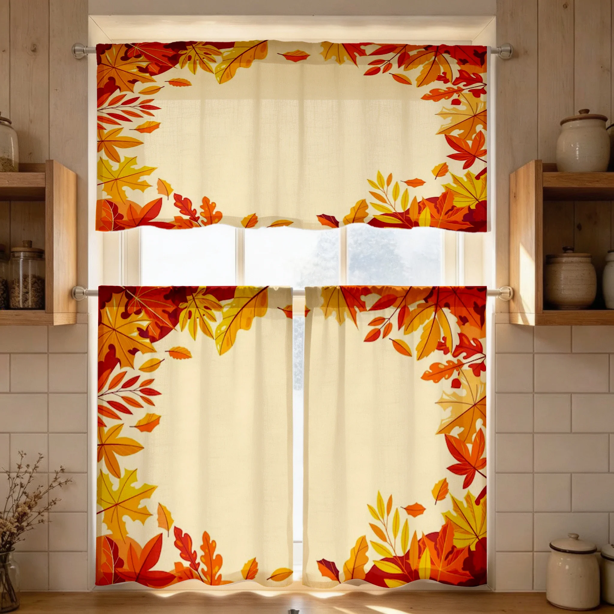 Thanksgiving Fall Kitchen Curtains, Maple Leaf Frame, Digital Print, Kitchen Dining Room, Rod Pocket Polyester, Home Decor