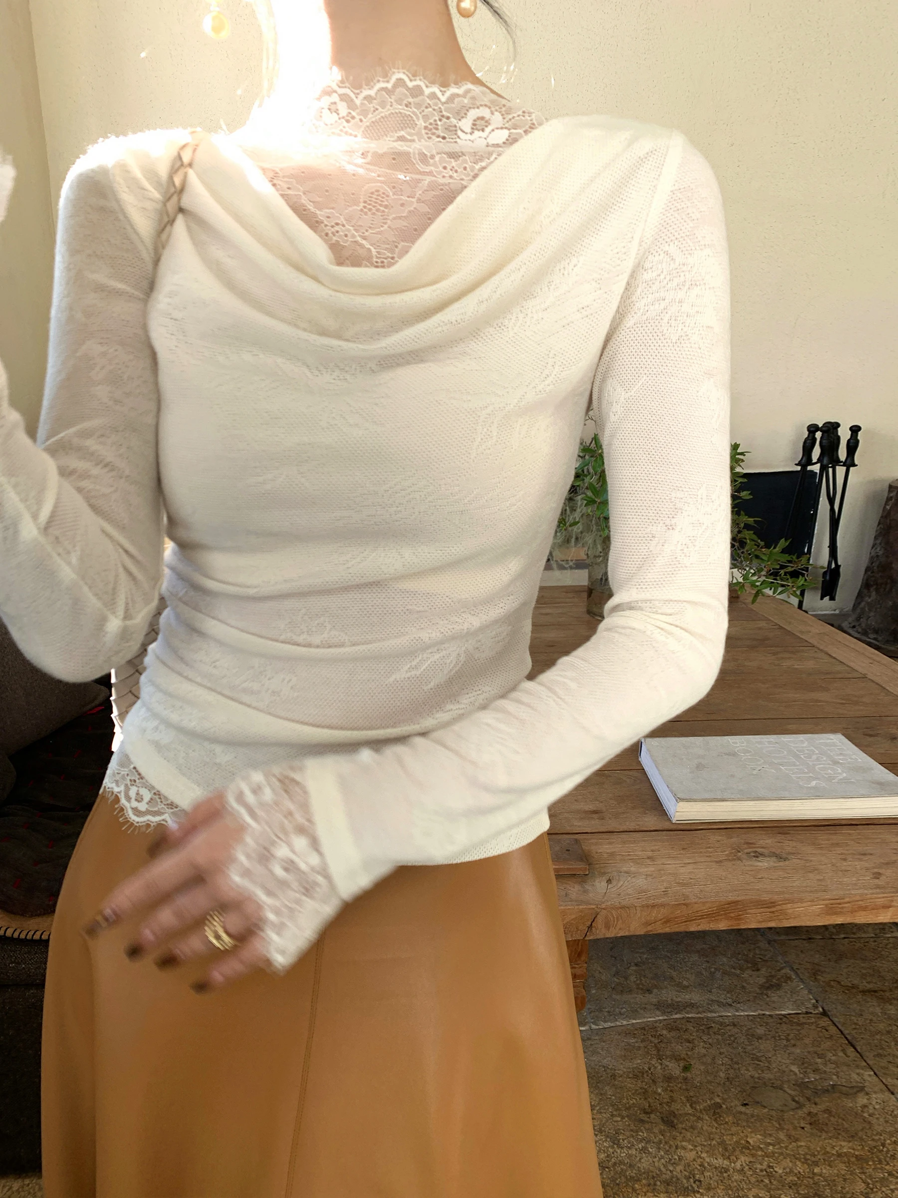 

Sexy Slim Fit T-irt Lace Trim Patchwork Embroidery Faion Top Women's Premium Quali Long Sve Polyester Spandex Blend