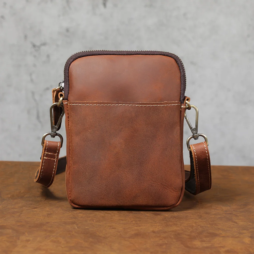 S.WORKER Vintage Echtleder-Umhängetaschen Crazy Horse Handgefertigte Mini-Tasche für Telefon, Karten und Schlüssel – Detail 7