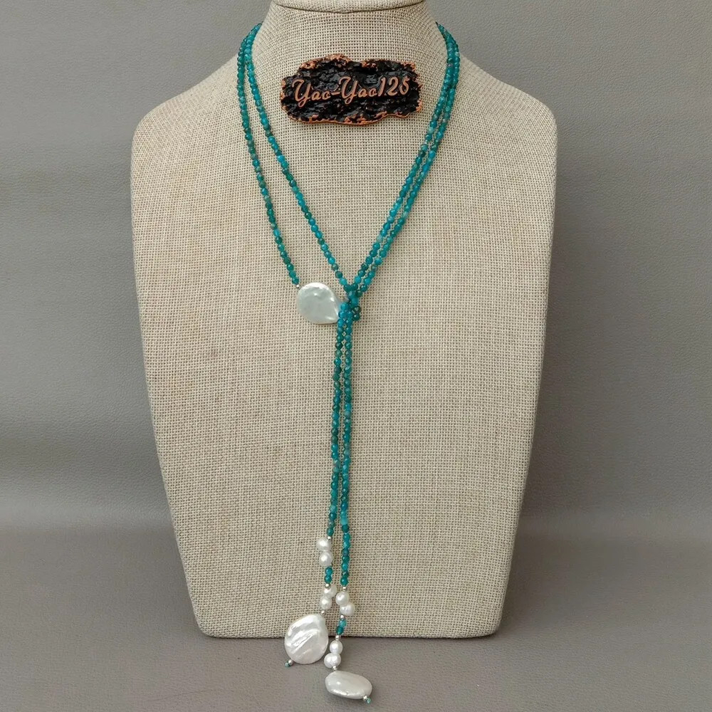 

53" Natural Faceted Blue Kyanite White Coin Pearl Long Necklace