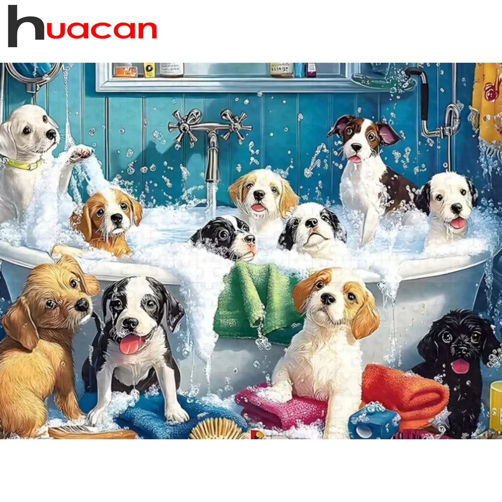 Huacan 5D DIY Diamantmalerei Lustige Badehunde Dusche Diamant-Mosaik Tier-Kunst Komplettes Set Bastelset