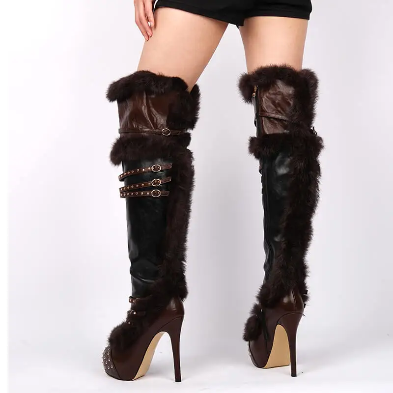 

Onlymaker Women Round Toe Over The Knee Boots Platform Fur Rivet Buckle Side Zipper Wide Calf Thigh High Boots