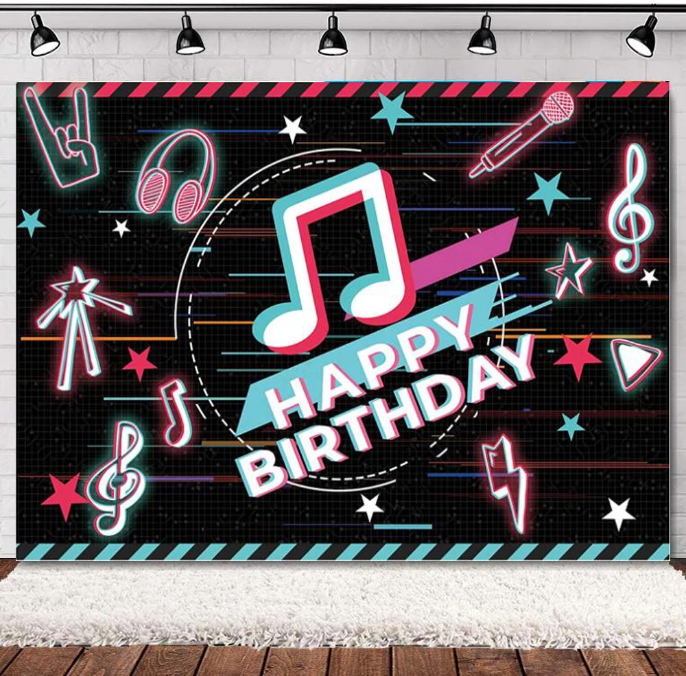 

Happy Birthday Musical Party Backdrop For Newborn Kids Boys Girls Decors Music Notes Doodles Baby Shower Cake Smash Background