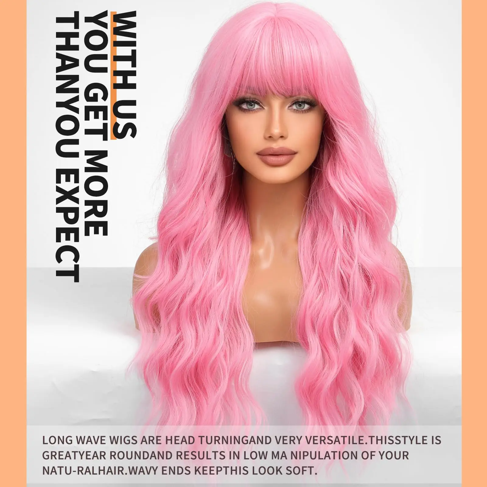 Pink long wavy synthetic wig 26 inches for holiday party, Halloween cosplay, daily use wig, high-temperature hair accessory image 3