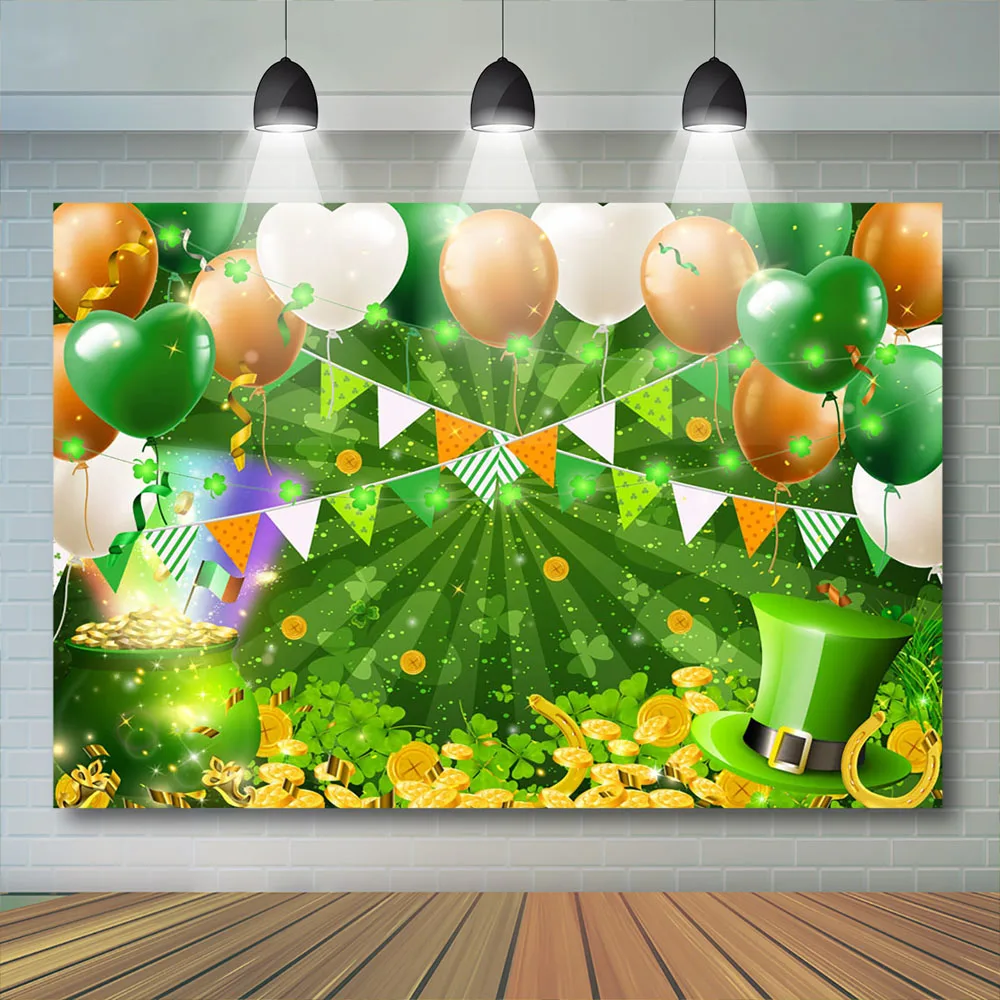 Mocsicka St Patrick's Day Backdrop Party Banner Gold Shiny Balloon Green Clover Lucky Baby Birthday Decor Photocall Background