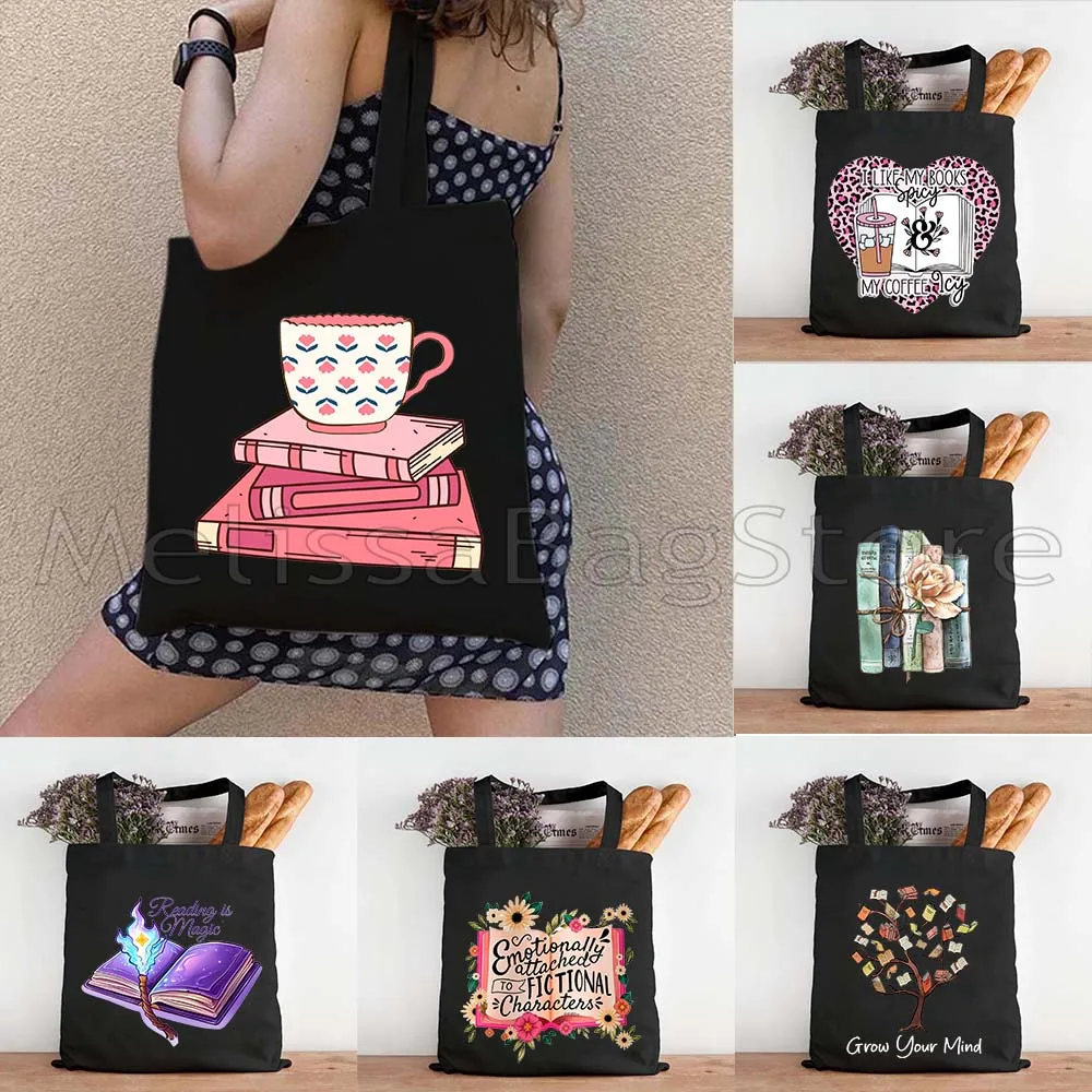 Women Canvas Library Reading Books Canvas Tote Bag Books and Tea Cup Shopping Students Cat Book Cotton Travel BOOKSHOP Handbag