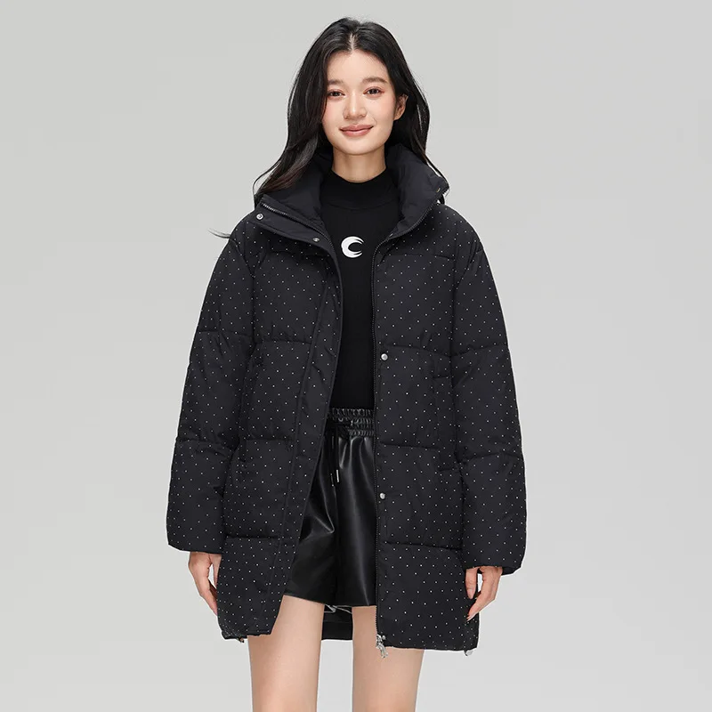 Parka Wanita Musim Dingin Hangat, Model Longgar Kasual Lengan Panjang, Mantel Fashion Polos dengan Ritsleting, Pakaian Luar Berlian Berkilau untuk Pelajar, Terbaru
