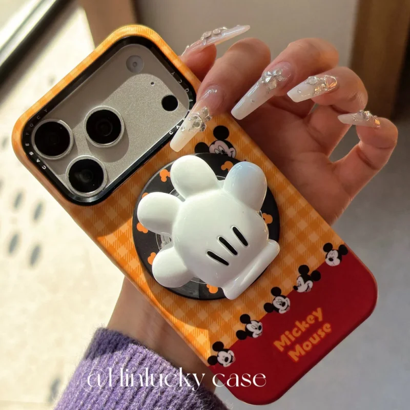 

Cute Grid stripe Cartoon Mickey Mouse Magnetic Magsafe Wireless Charge Phone Case For iPhone 17 16 15 14 13 Pro Max Cover﻿﻿﻿﻿﻿﻿﻿