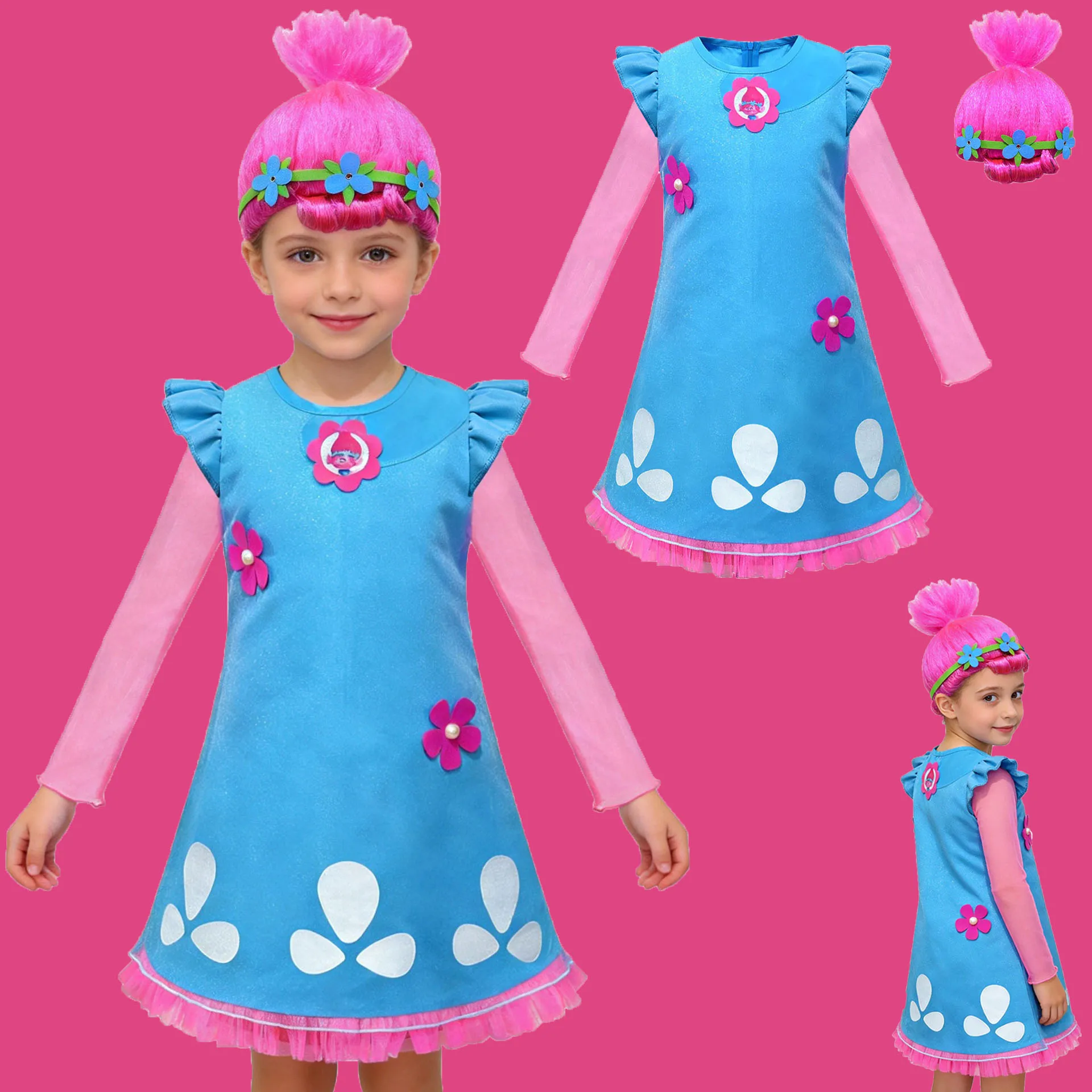 T-Trolls 2 Kids Dresses For Girls Princess Costume Kids Cosplay P-Poppy Party Dresses Vestido Fantasia Infantil Girl Clothing