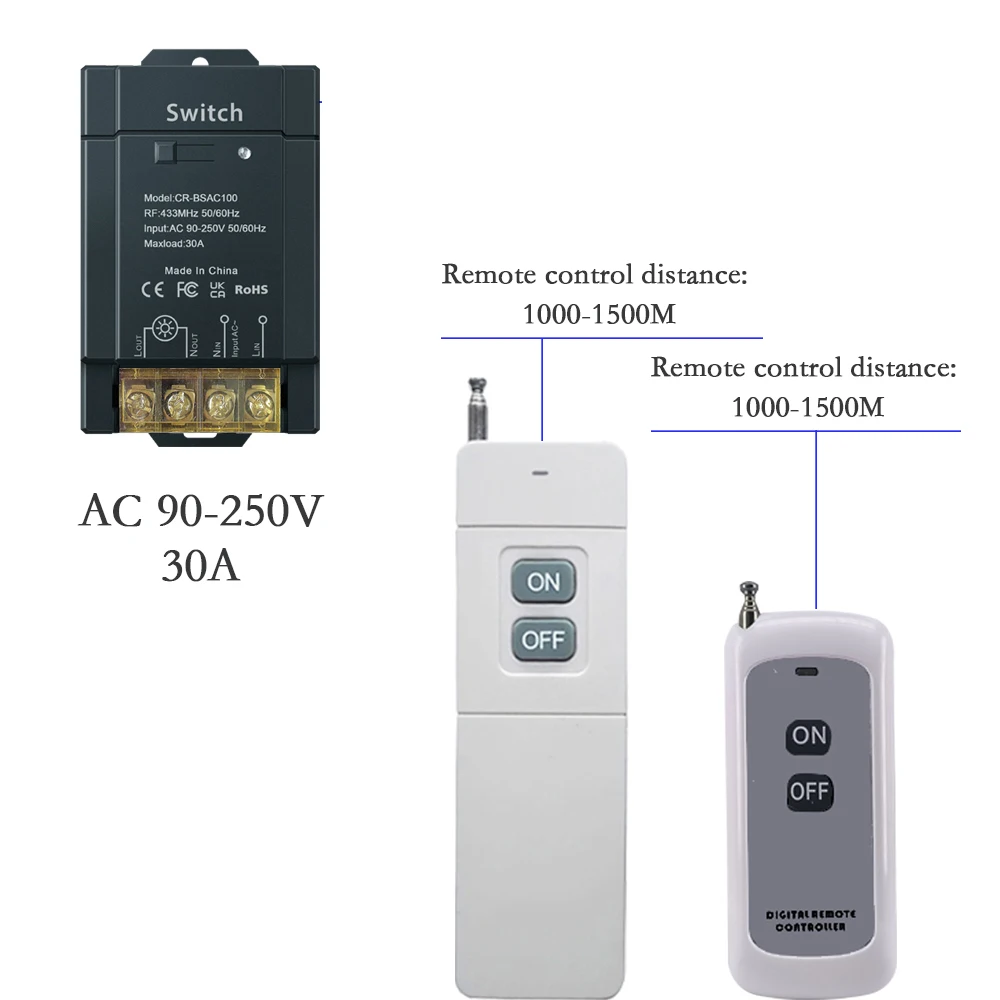 

COLOROCK 30A Wireless Switch RF433MHz Remote Control High-power Wide-voltang AC 90-250V Pumping Processing Lighting