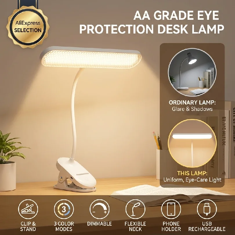 Table Lamp No Ghosting Eye-Care Desk Lamp with Clip Rechargeable Flexible Gooseneck Lamp 3 Colors for Students Office
