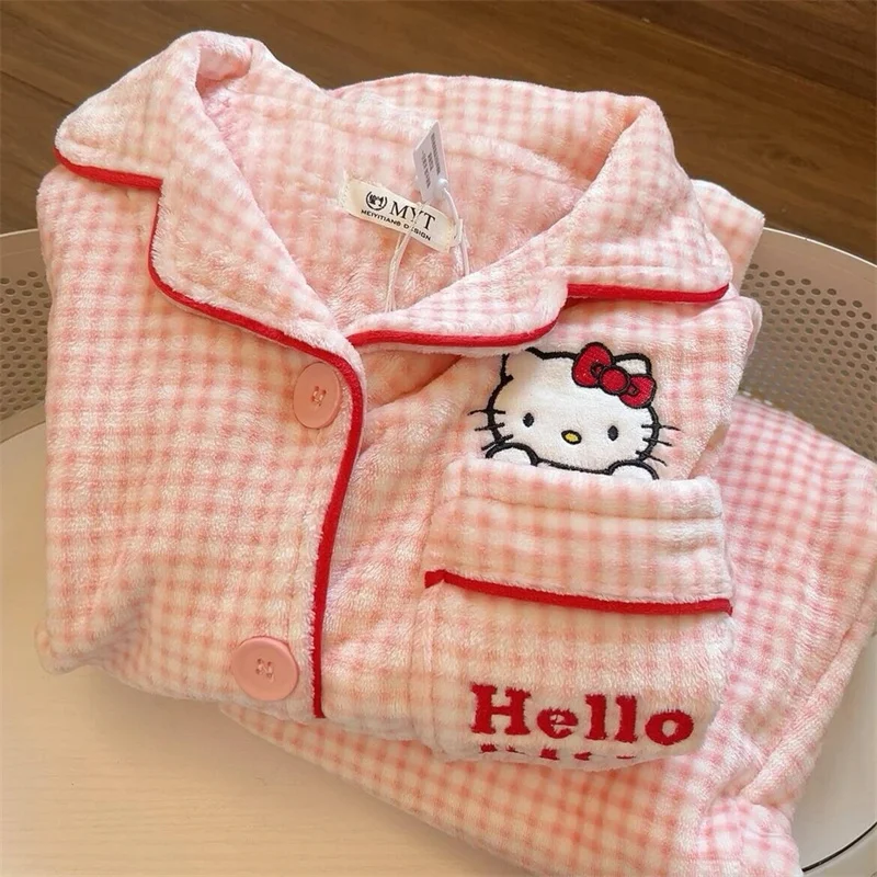 Damen-Pyjama-Set „Hello Kitty“, Flanell, niedlicher Cartoon-Pyjama, warmer Plüsch-Pyjama, flauschig, bequem, Heimkleidung, zweiteiliges Set