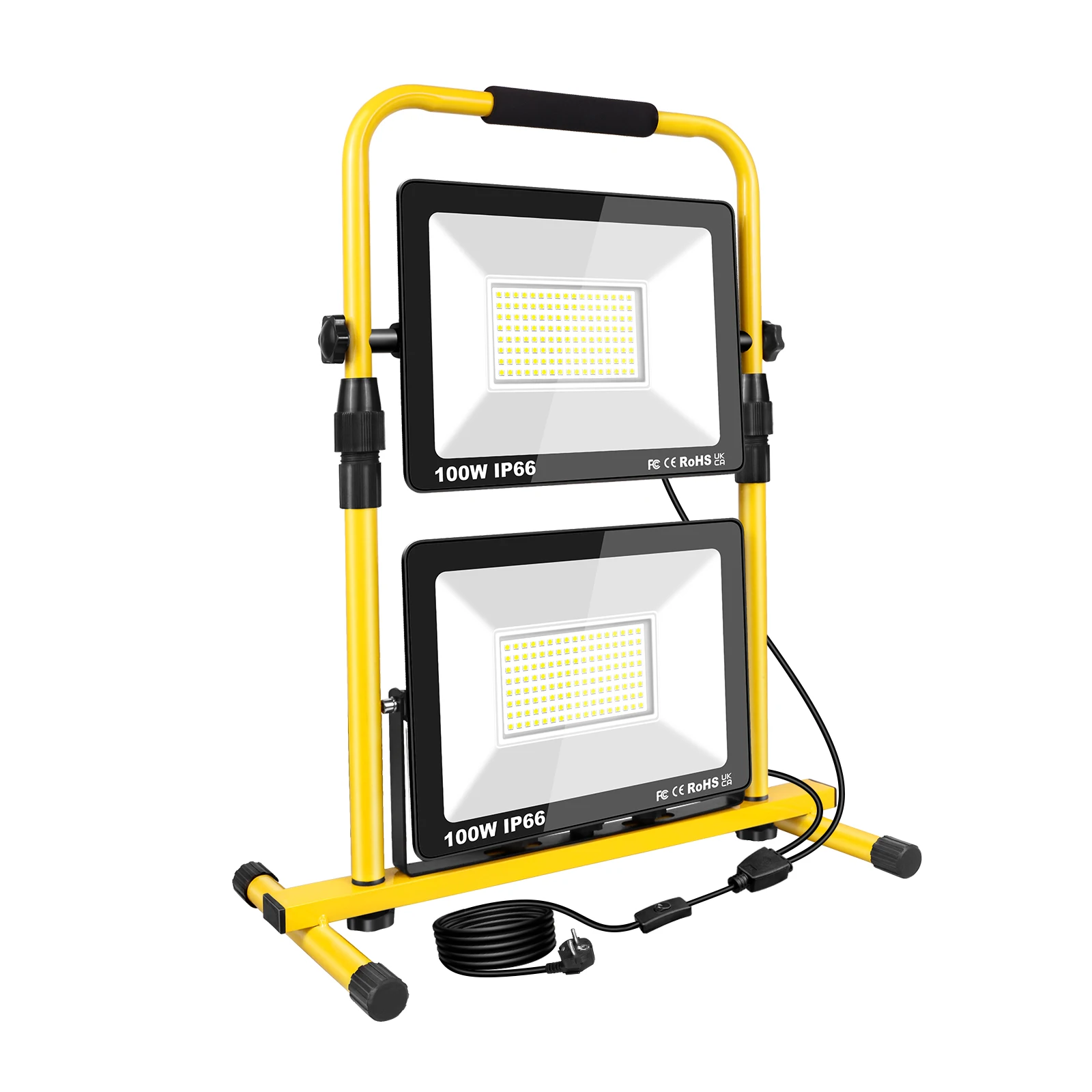 SKYWORLD 2 Heads 100W/150W Portable LED Work Light, 6000K LED Flood Lights 5M Cord with EU UK Plug Adjustable H Stand 110V 220V