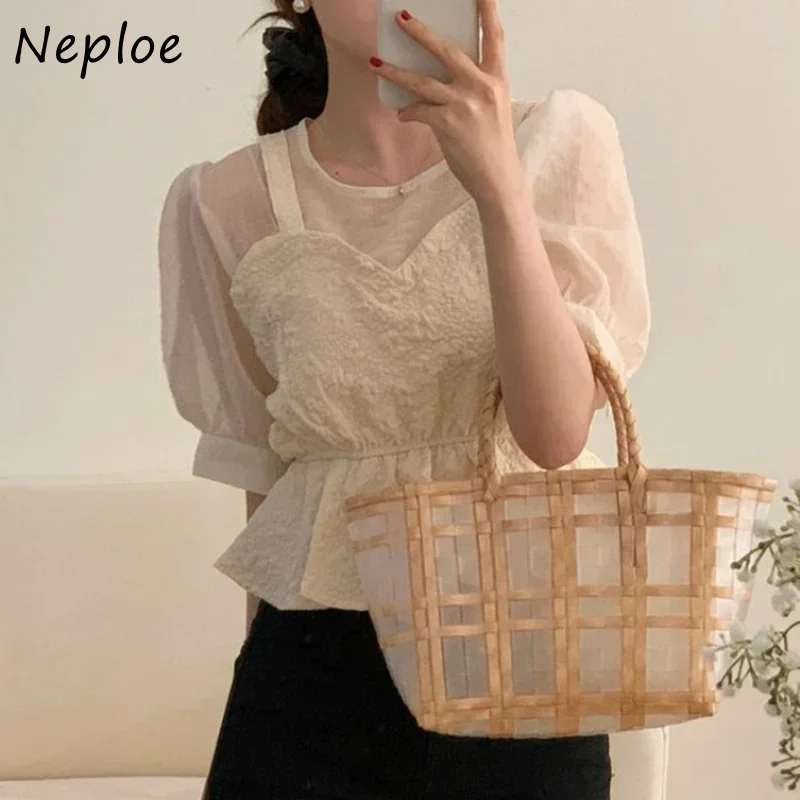 Neploe Early Spring Vintage Blusas Mujer De Moda 2024 O Neck Contrast Color Patchwork Blouses Fake Two Piece Puff Sleeve Shirts