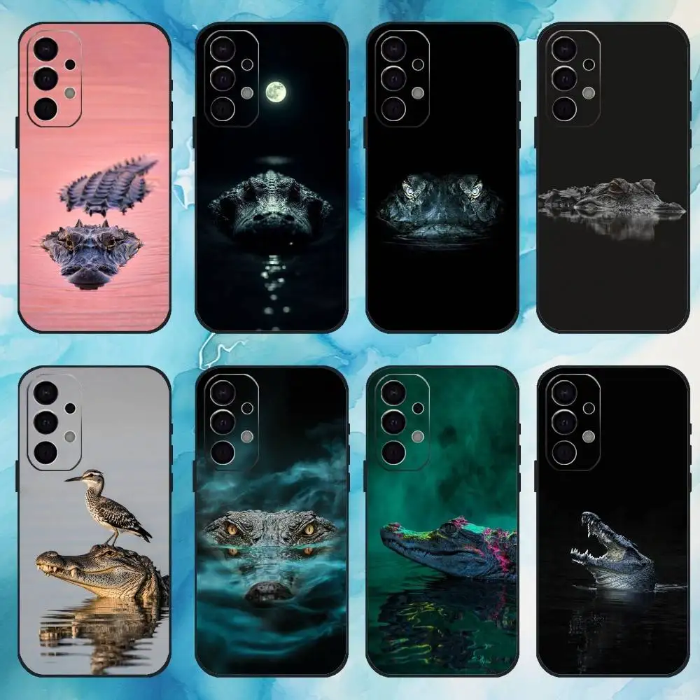Cold-Blooded Crocodile Phone Case For Samsung S25,24,23,22,30,21,10,9,Ultra,Plus,Lite,FE,4,5 G Soft Black Case