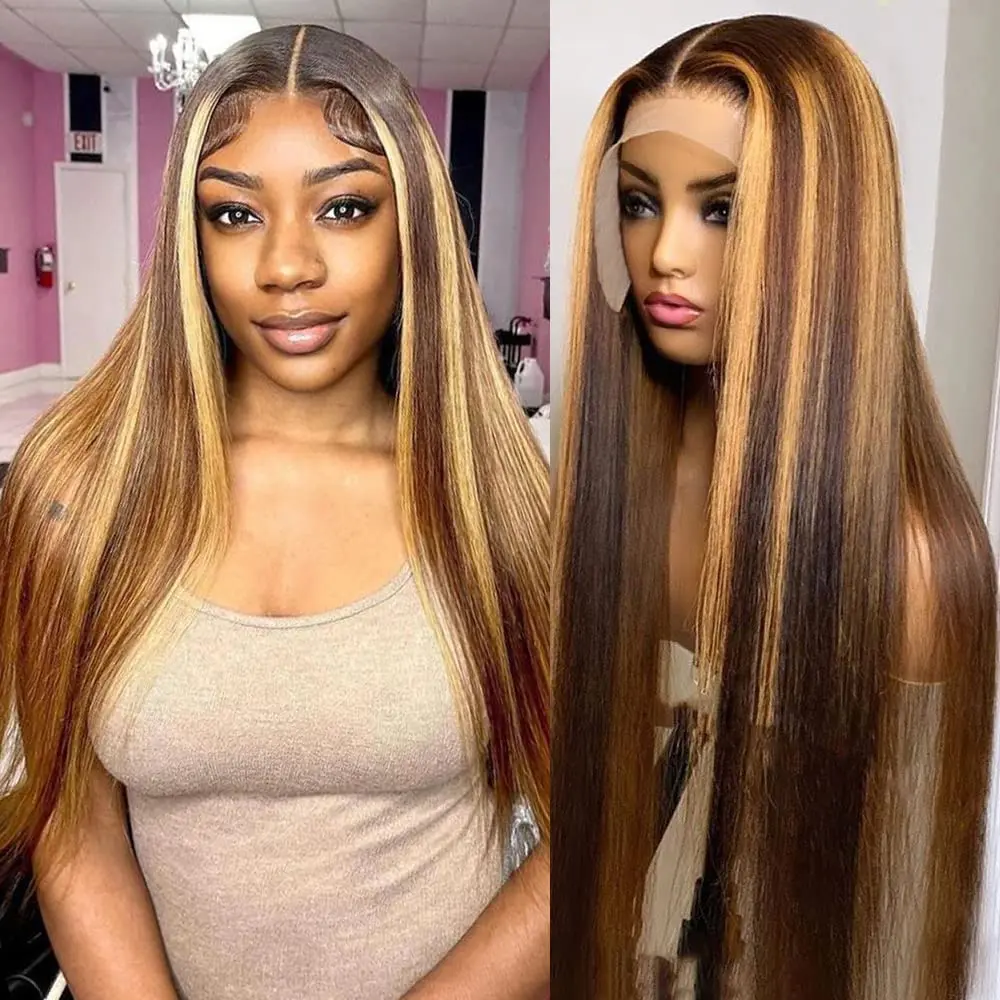 

30 Inch Highlight Lace Front Wig Human Hair 13x4 HD Transparent Blonde 4/27 Long Straight Pre Plucked with Baby Hair for Women