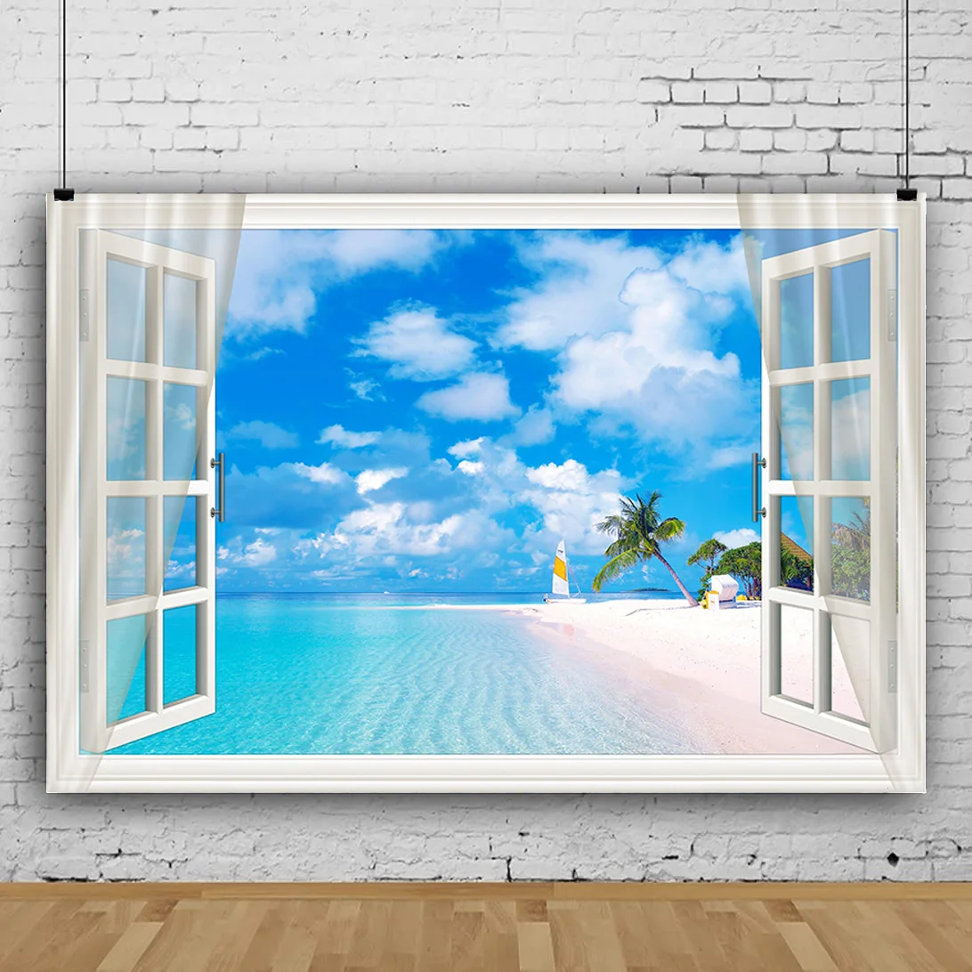 

SHENGYONGBAO Window Beach Coconut Tree Photography Backdrops Props Scenery Mall Indoor Decoration Photo Studio Background HH-27